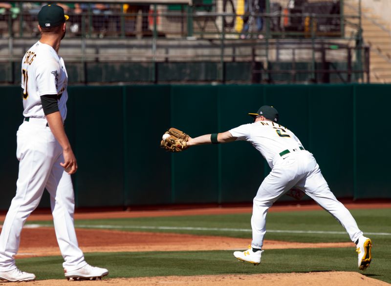 Sep 16, 2023; Oakland, California, USA; Oakland Athletics shortstop Nick Allen (2) makes a running catch in foul ground of a popup by San Diego Padres pinch hitter Garrett Cooper during the seventh inning at Oakland-Alameda County Coliseum. Mandatory Credit: D. Ross Cameron-USA TODAY Sports