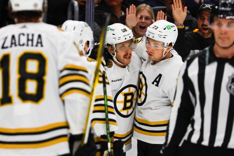 Feb 26, 2024; Seattle, Washington, USA; Boston Bruins right wing David Pastrnak (88) celebrates with defenseman Charlie McAvoy (73) after scoring a goal against the Seattle Kraken during the second period at Climate Pledge Arena. Mandatory Credit: Joe Nicholson-USA TODAY Sports