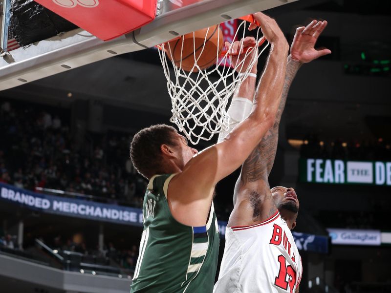 MILWAUKEE, WI - NOVEMBER 20: Brook Lopez #11 of the Milwaukee Bucks dunks the ball during the game against the Chicago Bulls on November 20, 2024 at the Fiserv Forum Center in Milwaukee, Wisconsin. NOTE TO USER: User expressly acknowledges and agrees that, by downloading and or using this Photograph, user is consenting to the terms and conditions of the Getty Images License Agreement. Mandatory Copyright Notice: Copyright 2024 NBAE (Photo by Gary Dineen/NBAE via Getty Images).