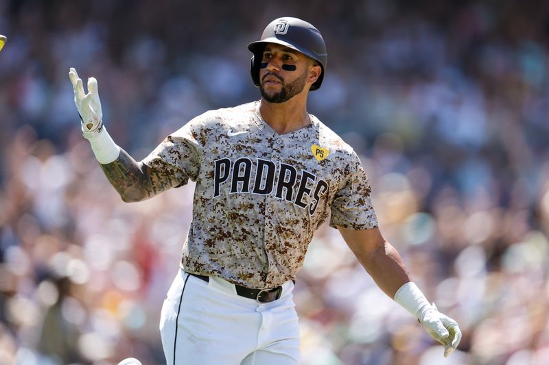 Aug 4, 2024; San Diego, California, USA; San Diego Padres right fielder David Peralta (24) celebrates after hitting a three run home run during the sixth inning against the Colorado Rockies at Petco Park. Mandatory Credit: David Frerker-USA TODAY Sports