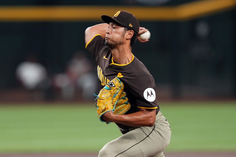 Sep 27, 2024; Phoenix, Arizona, USA; San Diego Padres pitcher Yu Darvish (11) pitches against the Arizona Diamondbacks during the first inning at Chase Field. Mandatory Credit: Joe Camporeale-Imagn Images