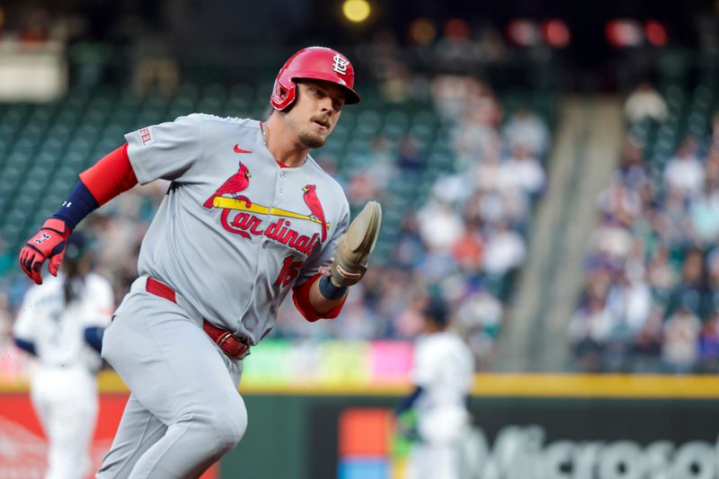 Sep 9, 2025; Seattle, Washington, USA; St. Louis Cardinals third baseman Nolan Gorman (16) advances home to score a run against the Seattle Mariners during the second inning at T-Mobile Park. Mandatory Credit: Joe Nicholson-Imagn Images