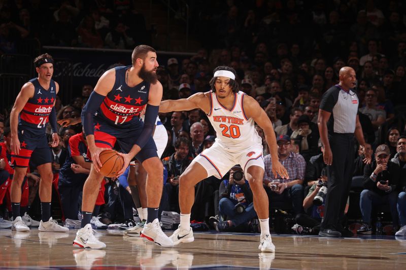 NEW YORK, NY - NOVEMBER 18: Jonas Valanciunas #17 of the Washington Wizards looks to pass the ball during the game against the New York Knicks on November 18, 2024 at Madison Square Garden in New York City, New York.  NOTE TO USER: User expressly acknowledges and agrees that, by downloading and or using this photograph, User is consenting to the terms and conditions of the Getty Images License Agreement. Mandatory Copyright Notice: Copyright 2024 NBAE  (Photo by Nathaniel S. Butler/NBAE via Getty Images)