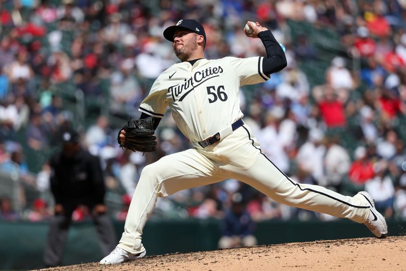 Apr 25, 2024; Minneapolis, Minnesota, USA; Minnesota Twins pitcher Caleb Thielbar (56) delivers a pitch against the Chicago White Sox during the seventh inning at Target Field. Mandatory Credit: Matt Krohn-USA TODAY Sports