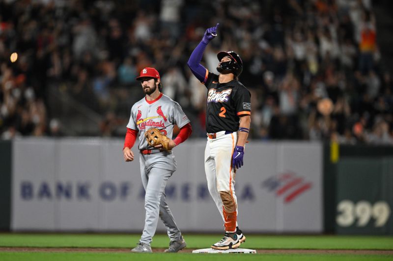 Sep 23, 2025; San Francisco, California, USA; San Francisco Giants shortstop Willy Adames (2) celebrates a double against the St. Louis Cardinals during the ninth inning at Oracle Park. Mandatory Credit: Eakin Howard-Imagn Images