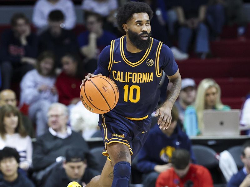 Jan 29, 2025; Dallas, Texas, USA;  California Golden Bears guard Jovan Blacksher Jr. (10) dribbles against the Southern Methodist Mustangs during the second half at Moody Coliseum. Mandatory Credit: Kevin Jairaj-Imagn Images