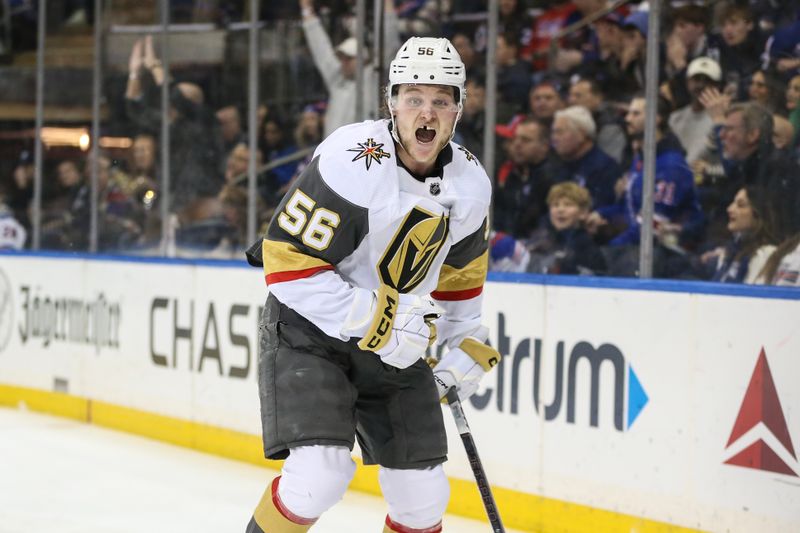 Jan 26, 2024; New York, New York, USA; Vegas Golden Knights right wing Sheldon Rempal (56) celebrates after scoring a goal in the first period against the New York Rangers at Madison Square Garden. Mandatory Credit: Wendell Cruz-USA TODAY Sports