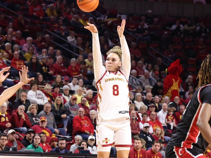 Jan 21, 2026; Ames, Iowa, USA; Cincinnati Bearcats guard Joya Crawford (8) shoots against the Cincinnati Bearcats during the first half at James H. Hilton Coliseum. Mandatory Credit: Reese Strickland-Imagn Images