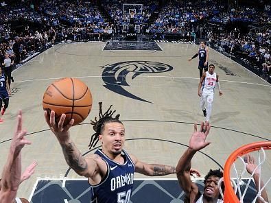 ORLANDO, FL - DECEMBER 8: Cole Anthony #50 of the Orlando Magic drives to the basket during the game against the Detroit Pistons on December 8, 2023 at Amway Center in Orlando, Florida. NOTE TO USER: User expressly acknowledges and agrees that, by downloading and or using this photograph, User is consenting to the terms and conditions of the Getty Images License Agreement. Mandatory Copyright Notice: Copyright 2023 NBAE (Photo by Fernando Medina/NBAE via Getty Images)