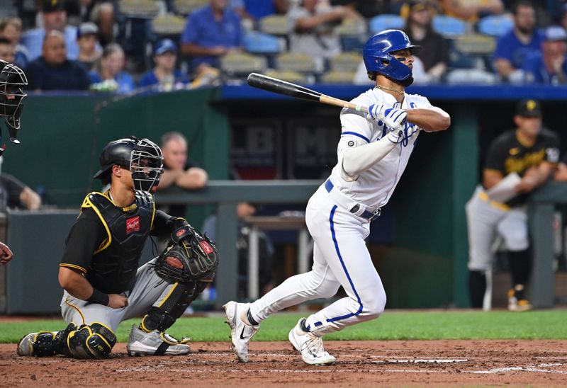 Aug 28, 2023; Kansas City, Missouri, USA;  Kansas City Royals left fielder MJ Melendez (1) singles in the third inning against the Pittsburgh Pirates at Kauffman Stadium. Mandatory Credit: Peter Aiken-USA TODAY Sports