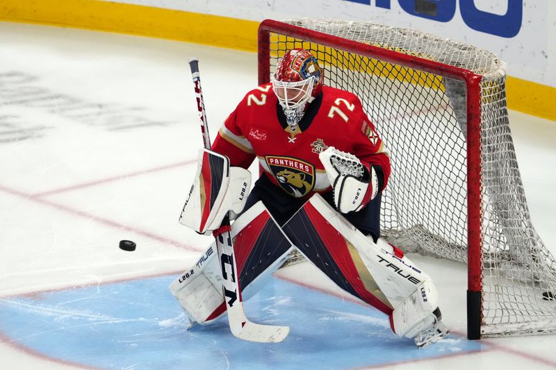 Jan 11, 2024; Sunrise, Florida, USA; Florida Panthers goaltender Sergei Bobrovsky (72) warms up prior to the game against the Los Angeles Kings at Amerant Bank Arena. Mandatory Credit: Jasen Vinlove-USA TODAY Sports