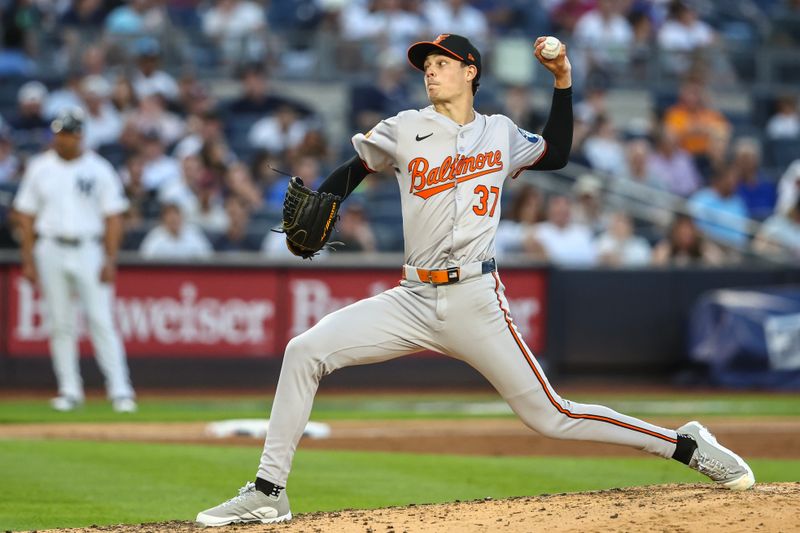 Jun 19, 2024; Bronx, New York, USA;  Baltimore Orioles starting pitcher Cade Povich (37) pitches in the third inning against the New York Yankees at Yankee Stadium. Mandatory Credit: Wendell Cruz-USA TODAY Sports