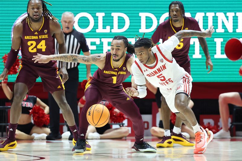 Feb 10, 2024; Salt Lake City, Utah, USA; Arizona State Sun Devils guard Frankie Collins (1) and Utah Utes guard Deivon Smith (5) play for a loose ball during the first half at Jon M. Huntsman Center. Mandatory Credit: Rob Gray-USA TODAY Sports