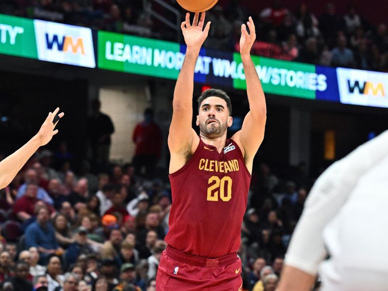 CLEVELAND, OHIO - NOVEMBER 04: Georges Niang #20 of the Cleveland Cavaliers shoots during the fourth quarter against the Milwaukee Bucks at Rocket Mortgage Fieldhouse on November 04, 2024 in Cleveland, Ohio. The Cavaliers defeated the Bucks 116-114. NOTE TO USER: User expressly acknowledges and agrees that, by downloading and or using this photograph, User is consenting to the terms and conditions of the Getty Images License Agreement. (Photo by Jason Miller/Getty Images)