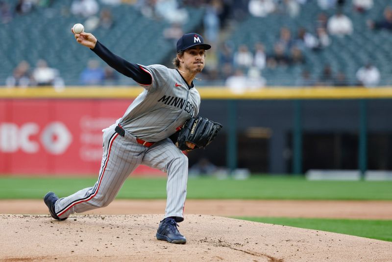 Apr 29, 2024; Chicago, Illinois, USA; Minnesota Twins starting pitcher Joe Ryan (41) delivers a pitch against the Chicago White Sox during the first inning at Guaranteed Rate Field. Mandatory Credit: Kamil Krzaczynski-USA TODAY Sports