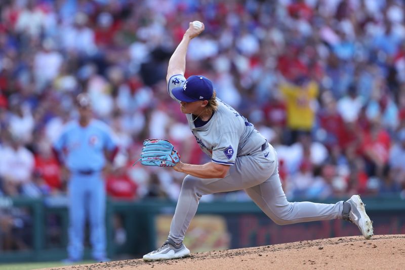 Jul 11, 2024; Philadelphia, Pennsylvania, USA; Los Angeles Dodgers pitcher Landon Knack (96) throws a pitch during the fourth inning against the Philadelphia Phillies at Citizens Bank Park. Mandatory Credit: Bill Streicher-USA TODAY Sports