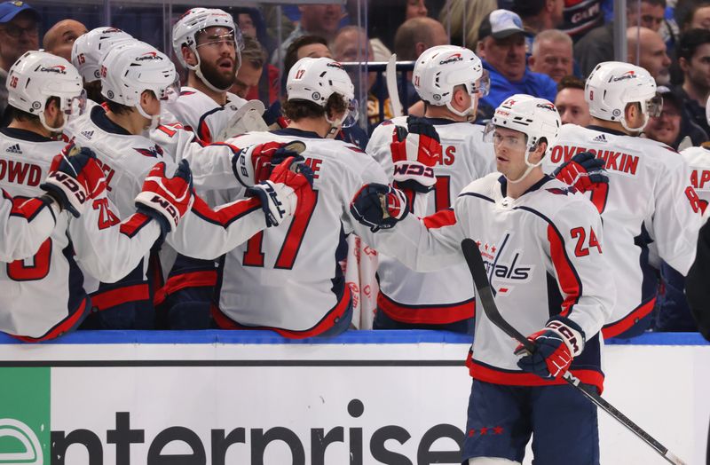 Apr 11, 2024; Buffalo, New York, USA;  Washington Capitals center Connor McMichael (24) celebrates his goal with teammates during the second period against the Buffalo Sabres at KeyBank Center. Mandatory Credit: Timothy T. Ludwig-USA TODAY Sports