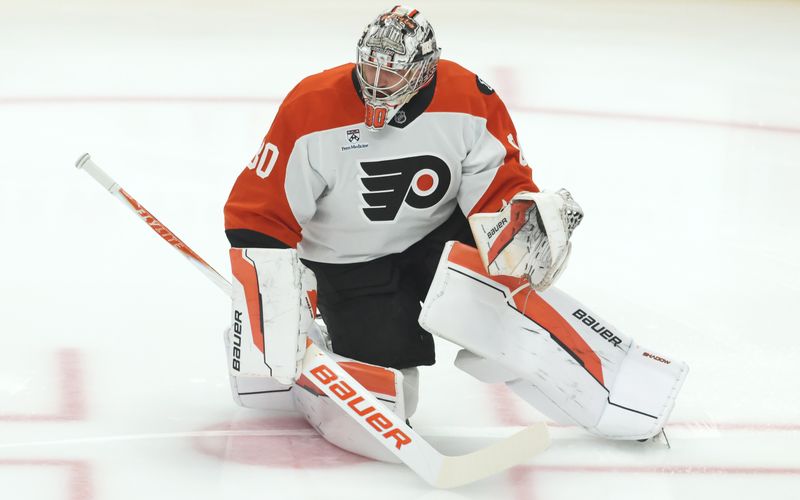 Mar 7, 2026; Pittsburgh, Pennsylvania, USA;  Philadelphia Flyers goaltender Dan Vladar (80) warms up before playing the Pittsburgh Penguins at PPG Paints Arena. Mandatory Credit: Charles LeClaire-Imagn Images