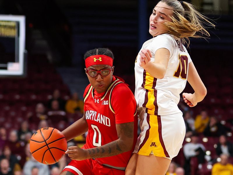 Jan 3, 2024; Minneapolis, Minnesota, USA; Maryland Terrapins guard Shyanne Sellers (0) works around Minnesota Golden Gophers guard Mara Braun (10) during the second half at Williams Arena. Mandatory Credit: Matt Krohn-USA TODAY Sports