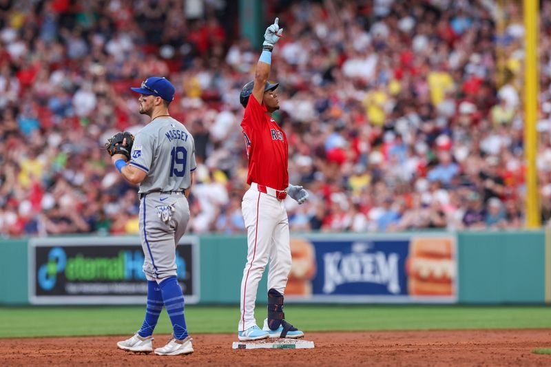 Jul 12, 2024; Boston, Massachusetts, USA; Boston Red Sox center fielder Ceddanne Rafaela (43) hits an RBI double during the second inning against the Kansas City Royals at Fenway Park. Mandatory Credit: Paul Rutherford-USA TODAY Sports