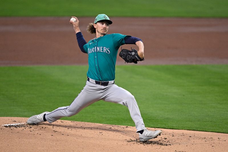 Mar 25, 2024; San Diego, California, USA; Seattle Mariners starting pitcher Bryce Miller (50) throws a pitch against the San Diego Padres during the first inning at Petco Park. Mandatory Credit: Orlando Ramirez-USA TODAY Sports