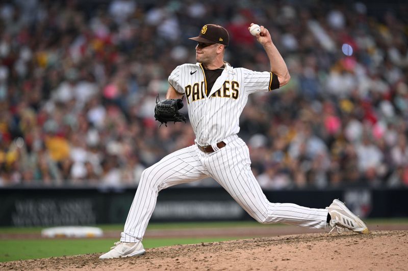 Jul 5, 2023; San Diego, California, USA; San Diego Padres relief pitcher Tom Cosgrove (59) throws a pitch against the Los Angeles Angels during the eighth inning at Petco Park. Mandatory Credit: Orlando Ramirez-USA TODAY Sports