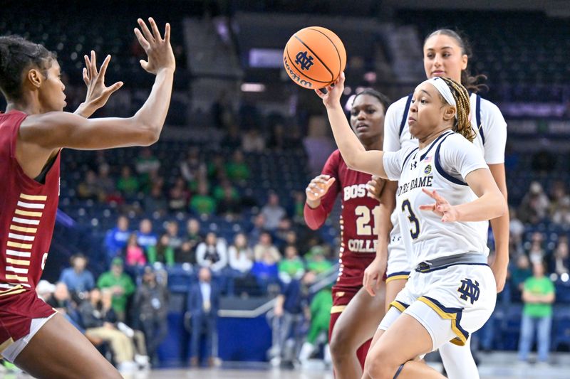 Jan 11, 2024; South Bend, Indiana, USA; Notre Dame Fighting Irish guard Hannah Hidalgo (3) passes the ball in the second half against the Boston College Eagles at the Purcell Pavilion. Mandatory Credit: Matt Cashore-USA TODAY Sports