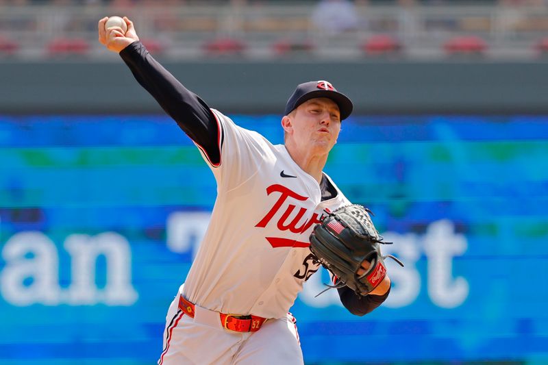 Jul 30, 2025; Minneapolis, Minnesota, USA; Minnesota Twins starting pitcher Zebby Matthews (52) throws to the Boston Red Sox in the first inning at Target Field. Mandatory Credit: Bruce Kluckhohn-Imagn Images