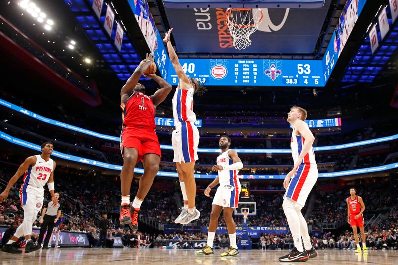 DETROIT, MI - MARCH 24: Zion Williamson #1 of the New Orleans Pelicans drives to the basket during the game against the Detroit Pistons on March 24, 2024 at Little Caesars Arena in Detroit, Michigan. NOTE TO USER: User expressly acknowledges and agrees that, by downloading and/or using this photograph, User is consenting to the terms and conditions of the Getty Images License Agreement. Mandatory Copyright Notice: Copyright 2024 NBAE (Photo by Brian Sevald/NBAE via Getty Images)