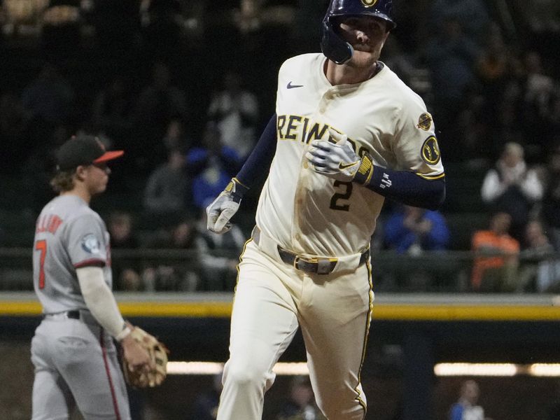 May 20, 2025; Milwaukee, Wisconsin, USA; Milwaukee Brewers second base Brice Turang (2) rounds the bases after hitting a home run against the Baltimore Orioles in the third inning at American Family Field. Mandatory Credit: Michael McLoone-Imagn Images