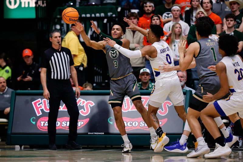 Feb 9, 2024; Fort Collins, Colorado, USA; Colorado State Rams guard Josiah Strong (3) passes the ball under pressure from San Jose State Spartans guard Myron Amey Jr. (0) in the first half at Moby Arena. Mandatory Credit: Isaiah J. Downing-USA TODAY Sports