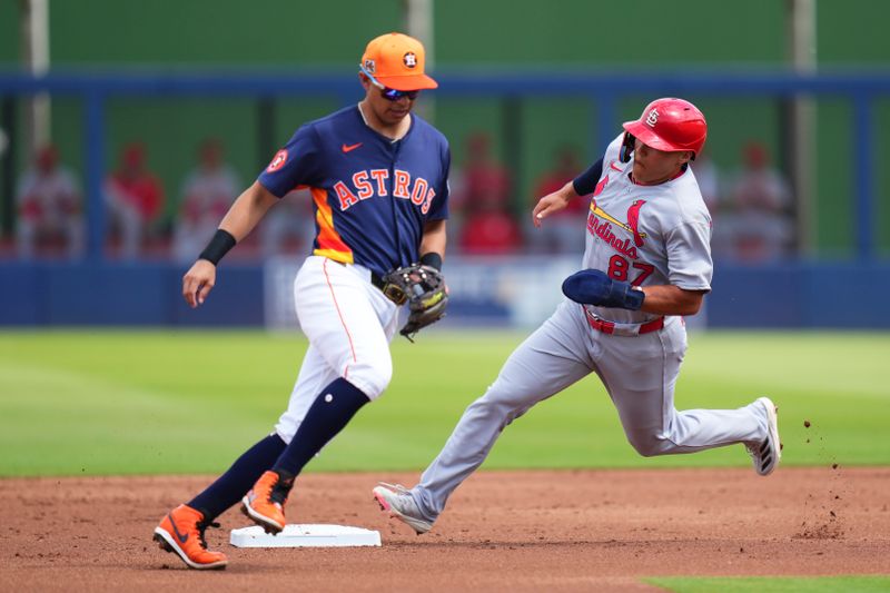 Mar 5, 2025; West Palm Beach, Florida, USA; St. Louis Cardinals left feilder JJ Wetherholt (87) rounds second base against the Houston Astros during the second inning at CACTI Park of the Palm Beaches. Mandatory Credit: Rich Storry-Imagn Images