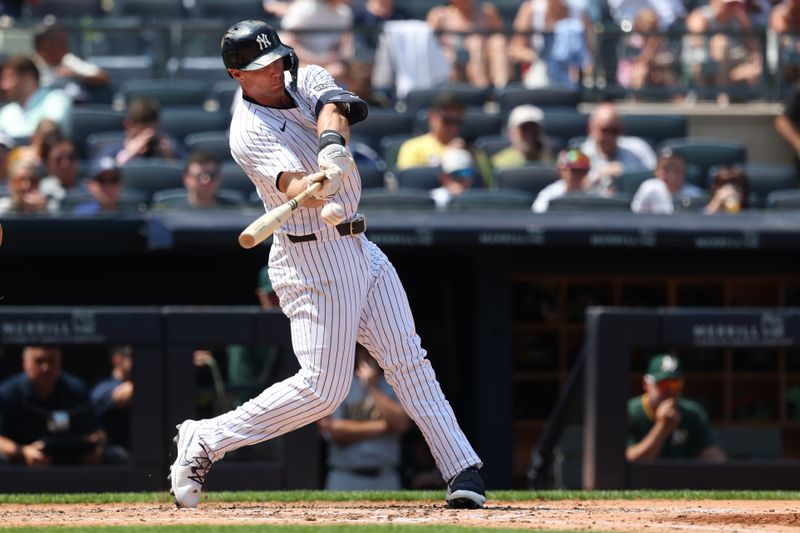 Jun 28, 2025; Bronx, New York, USA; New York Yankees first base Paul Goldschmidt (48) singles during the sixth inning against the Athletics at Yankee Stadium. Mandatory Credit: Vincent Carchietta-Imagn Images
