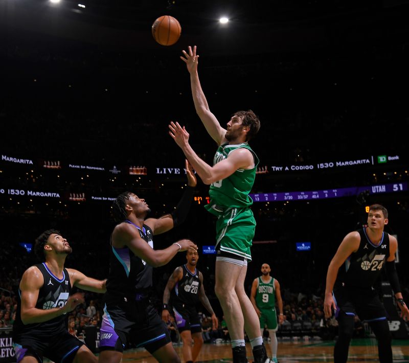 BOSTON, MA - MARCH 10: Luke Kornet #40 of the Boston Celtics shoots the ball during the game against the Utah Jazz on March 10, 2025 at TD Garden in Boston, Massachusetts. NOTE TO USER: User expressly acknowledges and agrees that, by downloading and/or using this Photograph, user is consenting to the terms and conditions of the Getty Images License Agreement. Mandatory Copyright Notice: Copyright 2025 NBAE (Photo by Brian Babineau/NBAE via Getty Images)