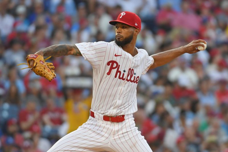 Jul 10, 2024; Philadelphia, Pennsylvania, USA; Philadelphia Phillies pitcher Cristopher Sánchez (61) throws a pitch during the second inning against the Los Angeles Dodgers at Citizens Bank Park. Mandatory Credit: Eric Hartline-USA TODAY Sports