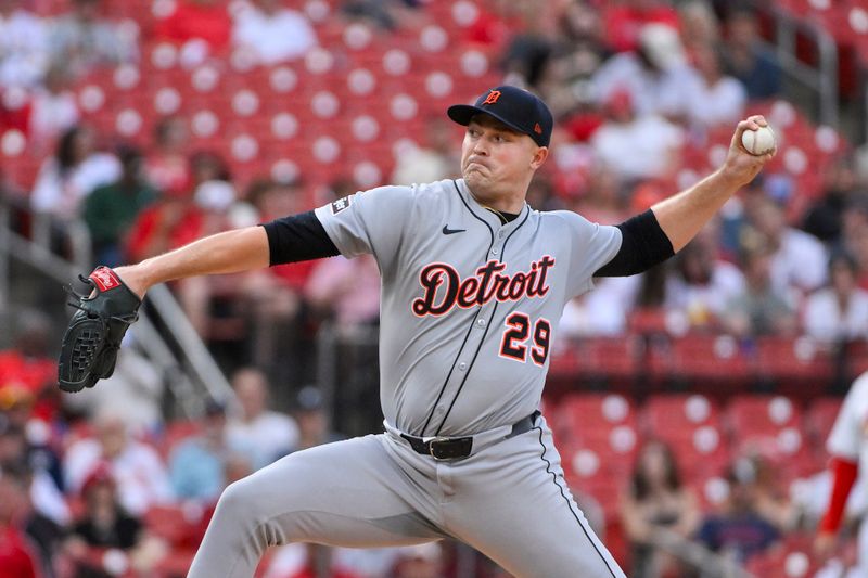 May 20, 2025; St. Louis, Missouri, USA;  Detroit Tigers starting pitcher Tarik Skubal (29) pitches against the St. Louis Cardinals during the first inning at Busch Stadium. Mandatory Credit: Jeff Curry-Imagn Images