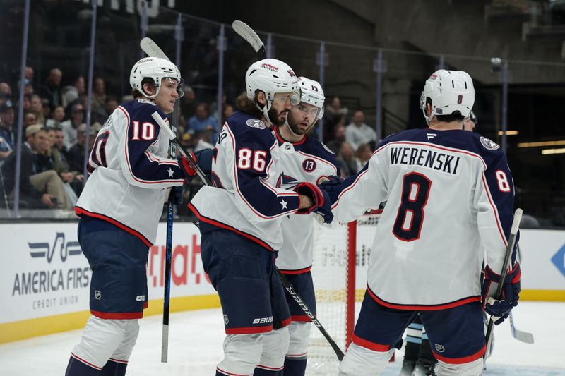Jan 31, 2025; Salt Lake City, Utah, USA;  Columbus Blue Jackets celebrates after a goal against the Utah Hockey Club during the third period at Delta Center. Mandatory Credit: Chris Nicoll-Imagn Images