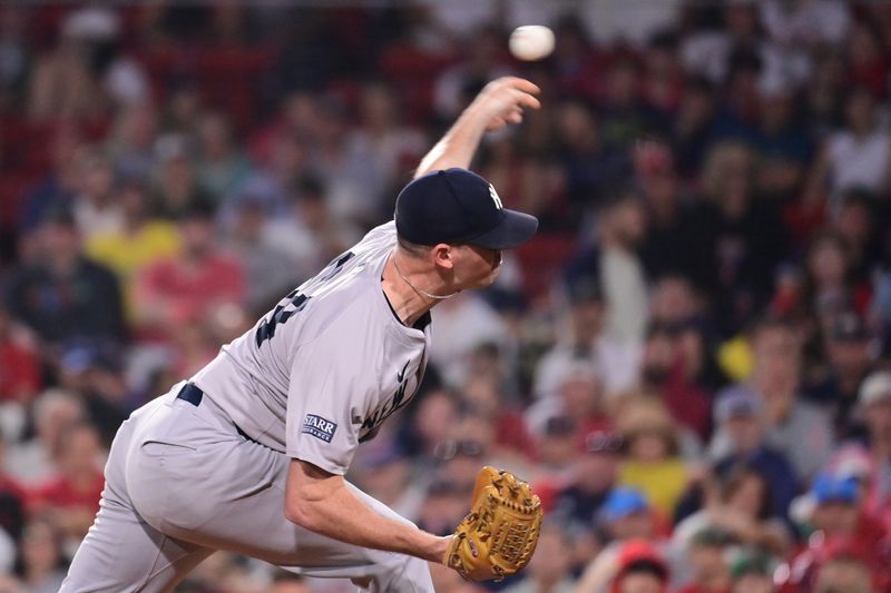 Jul 28, 2024; Boston, Massachusetts, USA; New York Yankees pitcher Caleb Ferguson (64) pitches against the Boston Red Sox during the eighth inning at Fenway Park. Mandatory Credit: Eric Canha-USA TODAY Sports