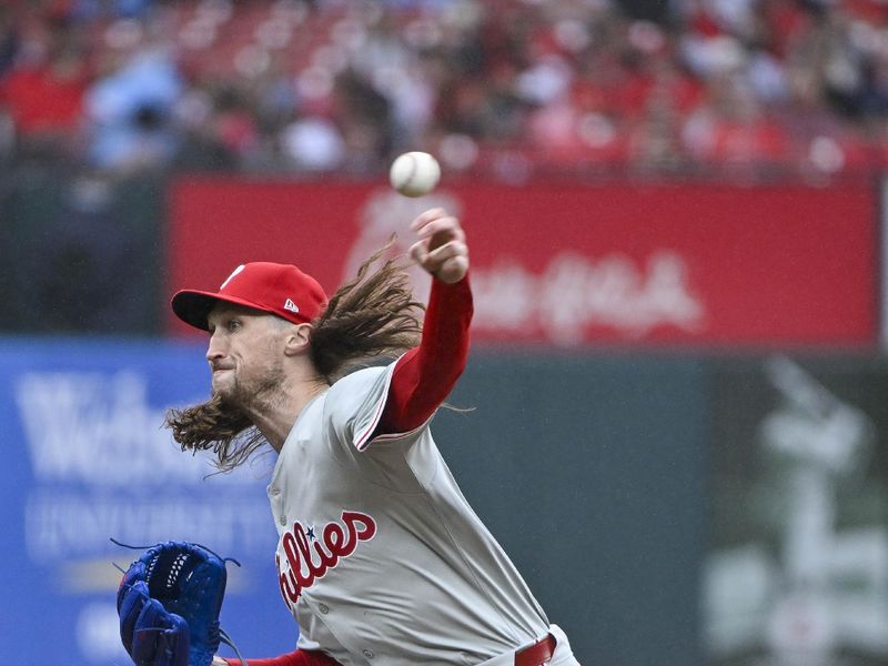 Apr 10, 2024; St. Louis, Missouri, USA;  Philadelphia Phillies relief pitcher Matt Strahm (25) pitches against the St. Louis Cardinals during the seventh inning at Busch Stadium. Mandatory Credit: Jeff Curry-USA TODAY Sports