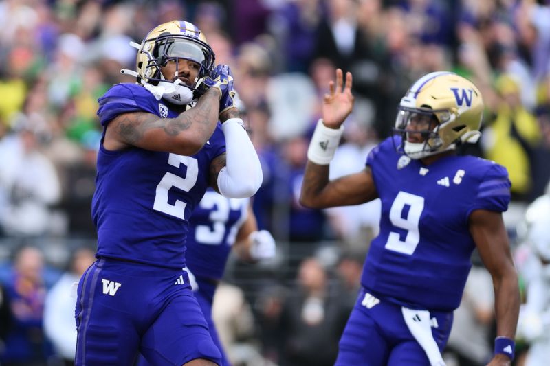 Oct 14, 2023; Seattle, Washington, USA; Washington Huskies wide receiver Ja'Lynn Polk (2) celebrates scoring a touchdown against the Oregon Ducks during the first half at Alaska Airlines Field at Husky Stadium. Mandatory Credit: Steven Bisig-USA TODAY Sports