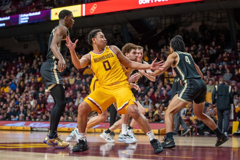 Jan 19, 2023; Minneapolis, Minnesota, USA; Minnesota Golden Gophers guard Taurus Samuels (0) in action in the first half against the Purdue Boilermakers at Williams Arena. Mandatory Credit: Matt Blewett-USA TODAY Sports