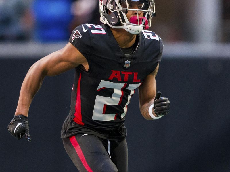 Atlanta Falcons cornerback Mike Hughes (21) works during the first half of an NFL football game against the Houston Texans, Sunday, Oct. 8, 2023, in Atlanta. The Atlanta Falcons won 21-19. (AP Photo/Danny Karnik)