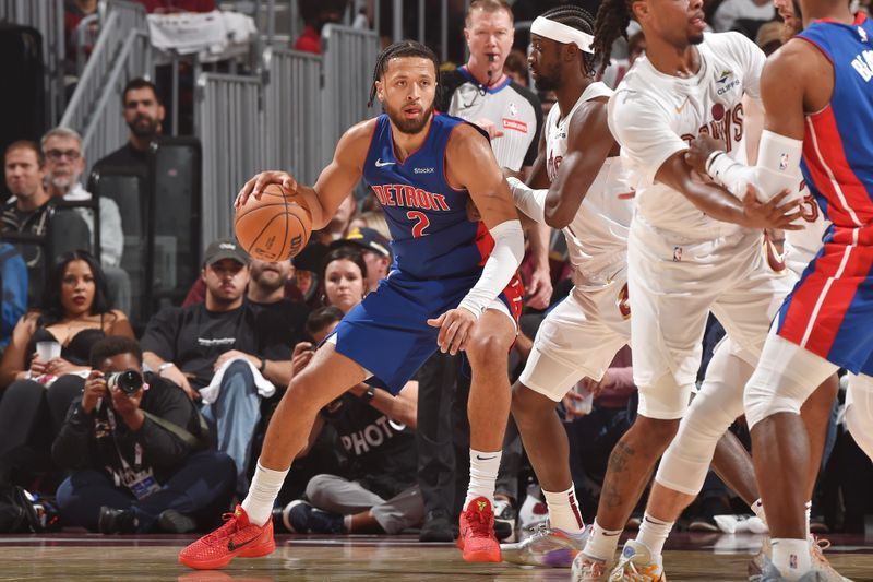 CLEVELAND, OH - OCTOBER 25: Cade Cunningham #2 of the Detroit Pistons looks to pass the ball during the game against the Cleveland Cavaliers on October 25, 2024 at Rocket Mortgage FieldHouse in Cleveland, Ohio. NOTE TO USER: User expressly acknowledges and agrees that, by downloading and/or using this Photograph, user is consenting to the terms and conditions of the Getty Images License Agreement. Mandatory Copyright Notice: Copyright 2024 NBAE (Photo by David Liam Kyle/NBAE via Getty Images)