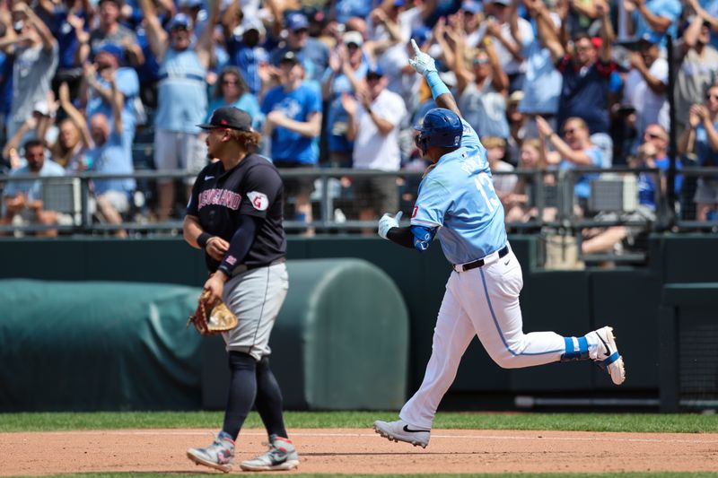 Jun 30, 2024; Kansas City, Missouri, USA; Kansas City Royals catcher Salvador Perez (13) rounds first base after hitting a home run during the seventh inning against the Cleveland Guardians at Kauffman Stadium. Mandatory Credit: William Purnell-USA TODAY Sports