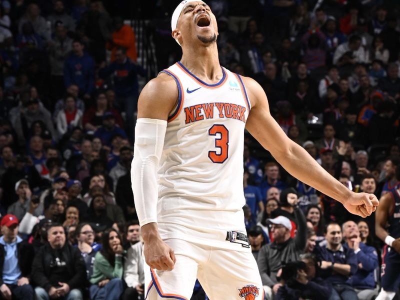 PHILADELPHIA, PA - FEBRUARY 22: Josh Hart #3 of the New York Knicks reacts to a play during the game against the Philadelphia 76ers on February 22, 2024 at the Wells Fargo Center in Philadelphia, Pennsylvania NOTE TO USER: User expressly acknowledges and agrees that, by downloading and/or using this Photograph, user is consenting to the terms and conditions of the Getty Images License Agreement. Mandatory Copyright Notice: Copyright 2024 NBAE (Photo by David Dow/NBAE via Getty Images)