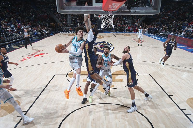 NEW ORLEANS, LA - JANUARY 17: LaMelo Ball #1 of the Charlotte Hornets shoots the ball during the game against the New Orleans Pelicans on January 17, 2024 at the Smoothie King Center in New Orleans, Louisiana. NOTE TO USER: User expressly acknowledges and agrees that, by downloading and or using this Photograph, user is consenting to the terms and conditions of the Getty Images License Agreement. Mandatory Copyright Notice: Copyright 2024 NBAE (Photo by Layne Murdoch Jr./NBAE via Getty Images)