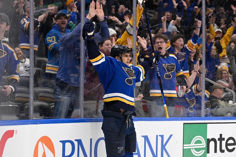 Jan 28, 2024; St. Louis, Missouri, USA; St. Louis Blues center Brayden Schenn (10) reacts after scoring the game winning goal against the Los Angeles Kings in overtime at Enterprise Center. Mandatory Credit: Jeff Le-USA TODAY Sports