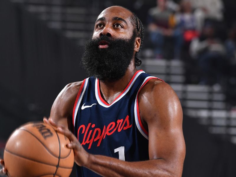 INGLEWOOD, CA - JANUARY 13:  James Harden #1 of the LA Clippers shoots a free throw during the game against the Miami Heat on January 13, 2025 at Intuit Dome in Los Angeles, California. NOTE TO USER: User expressly acknowledges and agrees that, by downloading and/or using this Photograph, user is consenting to the terms and conditions of the Getty Images License Agreement. Mandatory Copyright Notice: Copyright 2025 NBAE (Photo by Juan Ocampo/NBAE via Getty Images)