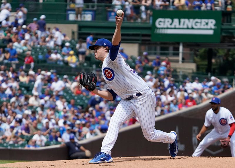 Aug 19, 2023; Chicago, Illinois, USA; Chicago Cubs starting pitcher Justin Steele (35) throws the ball against the Kansas City Royals during the first inning at Wrigley Field. Mandatory Credit: David Banks-USA TODAY Sports