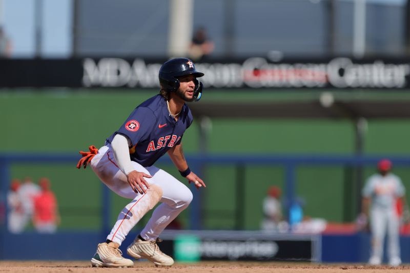 Feb 25, 2024; West Palm Beach, Florida, USA; Houston Astros outfielder Jordan Brewer (93) runs from second base against the Houston Astros during the eighth inning at CACTI Park of the Palm Beaches. Mandatory Credit: Sam Navarro-USA TODAY Sports
